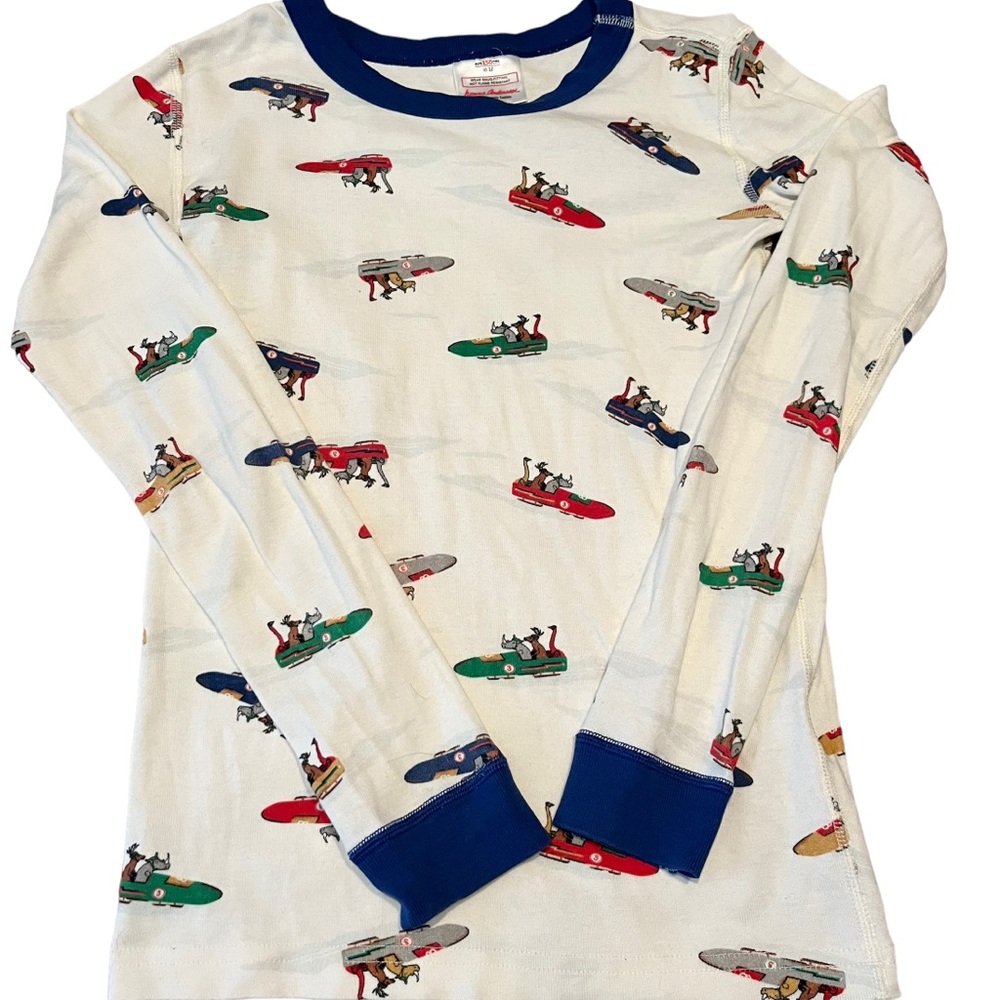 Hanna Andersson Bobsledding Animals with  Blue Trim Pajama Top Youth 12 (150)